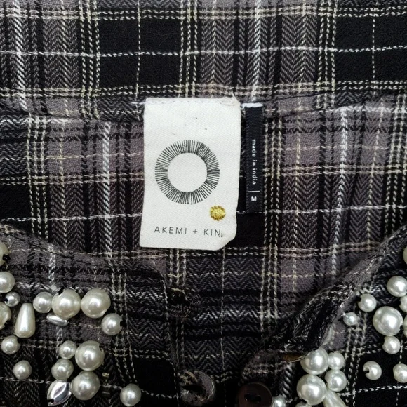 Anthropologie Black White Plaid Beaded Top - Picture 7 of 8